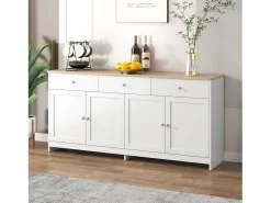 Aparador con 3 cajones y 4 puertas, madera y blanco, MDF (160x37x75 cm)