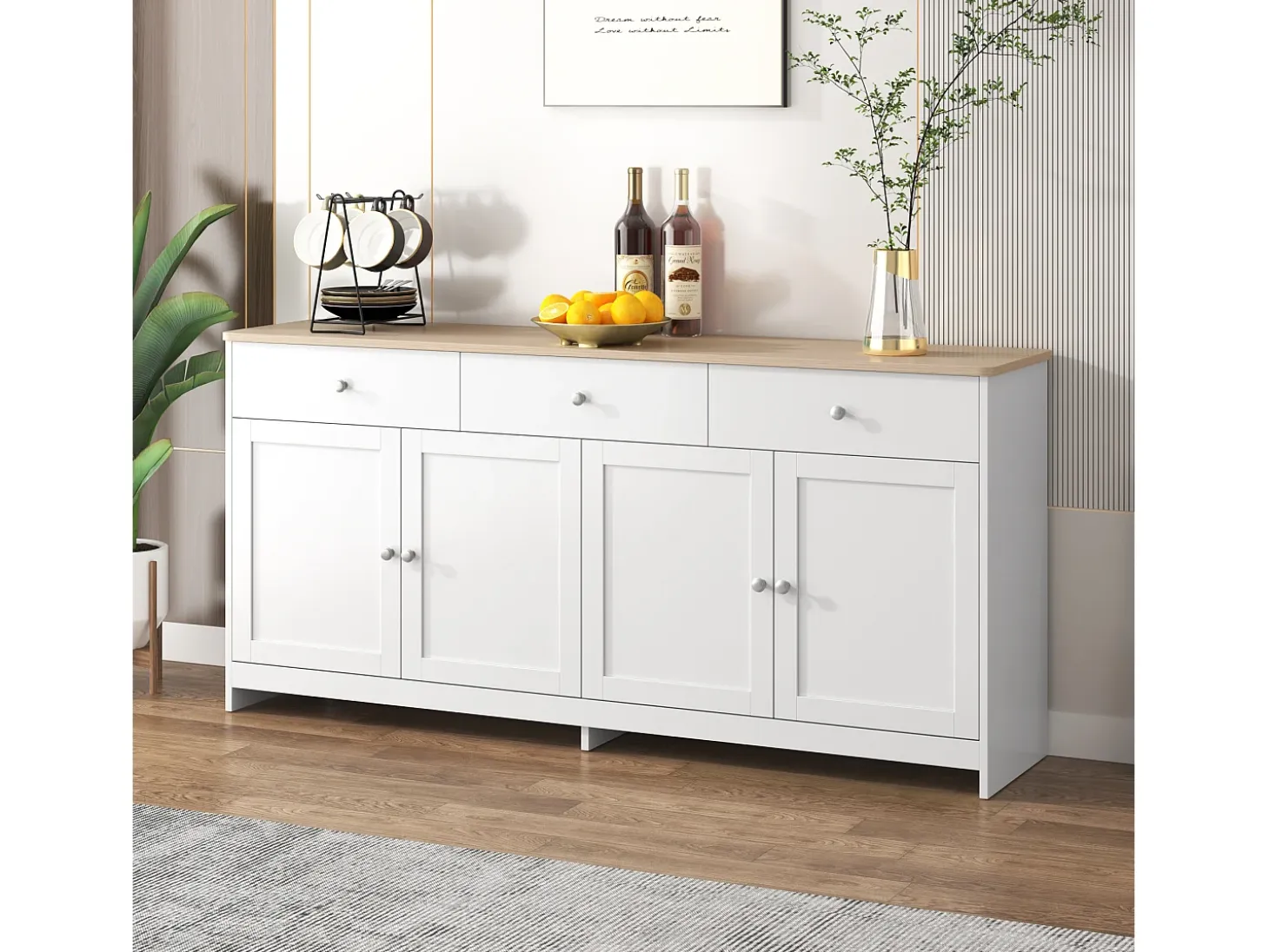 Aparador con 3 cajones y 4 puertas, madera y blanco, MDF (160x37x75 cm)