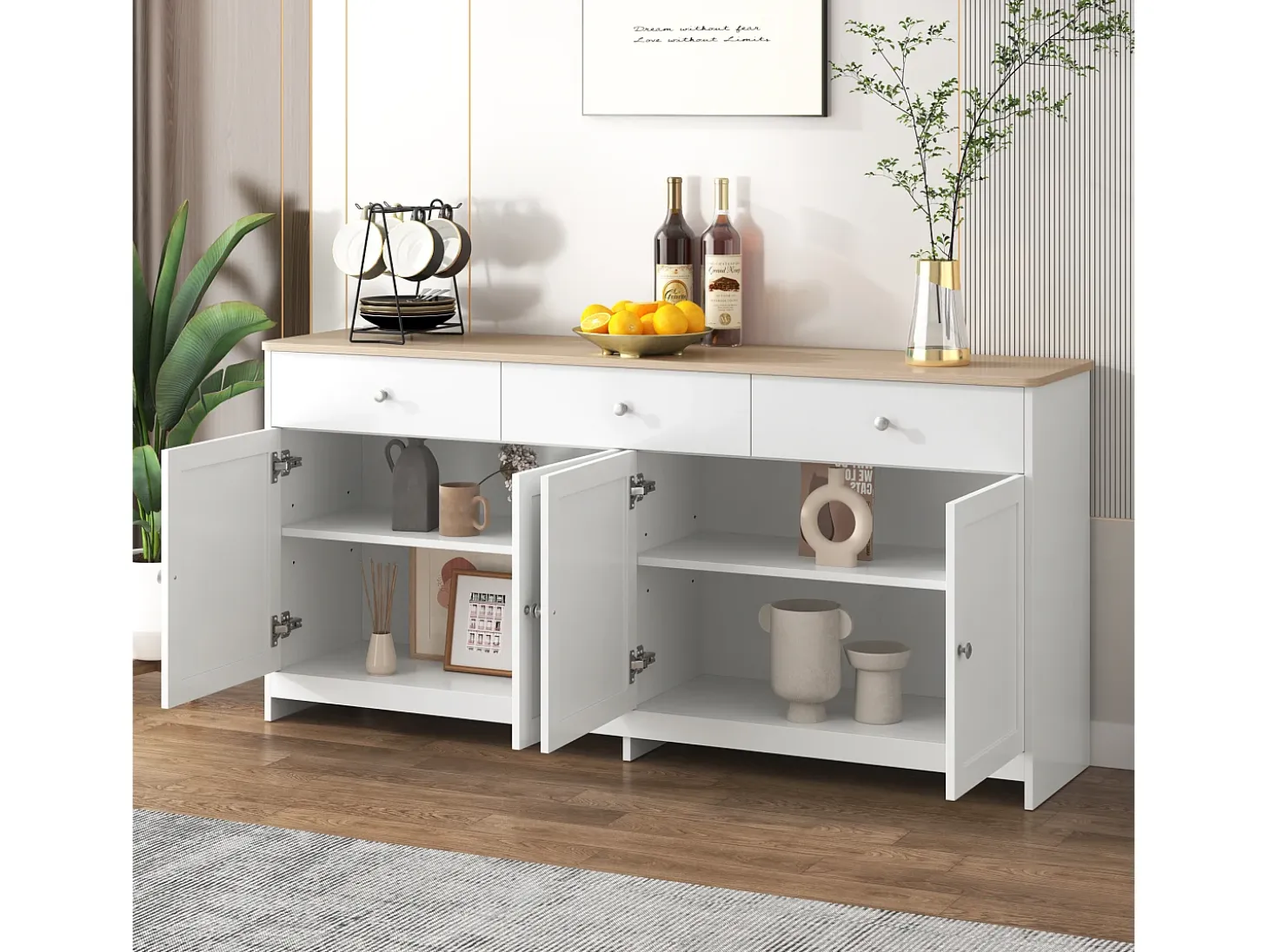Aparador con 3 cajones y 4 puertas, madera y blanco, MDF (160x37x75 cm)