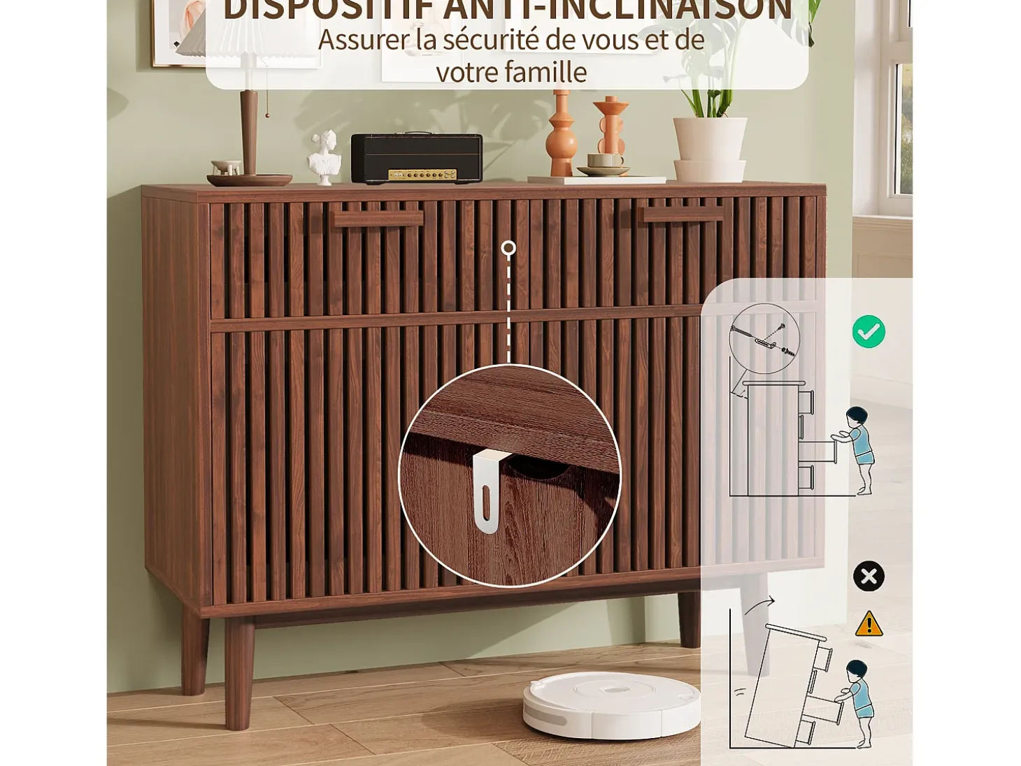 Aparador con 2 cajones y 2 puertas, mueble de cocina, madera, 100 x 35 x 80 cm