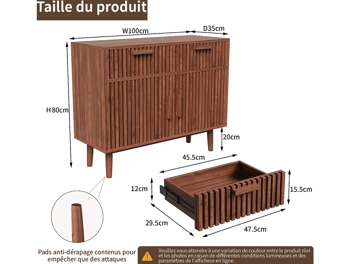 Aparador con 2 cajones y 2 puertas, mueble de cocina, madera, 100 x 35 x 80 cm