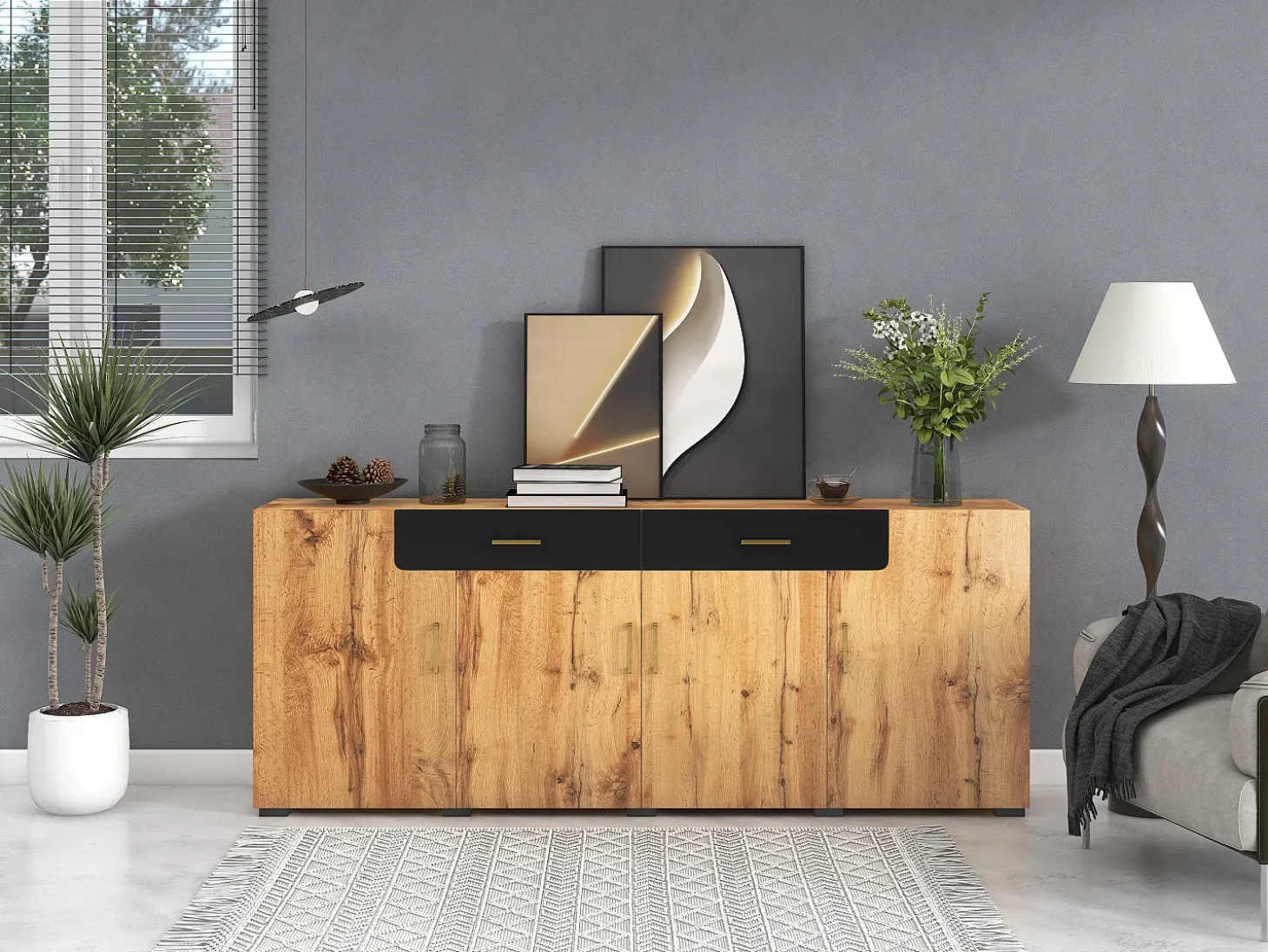 Aparador con 2 cajones y 4 puertas - 208 x 39,5 x 80 cm - imitación madera - para cocina o salón - color negro y roble