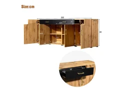 Aparador con 2 cajones y 4 puertas - 208 x 39,5 x 80 cm - imitación madera - para cocina o salón - color negro y roble
