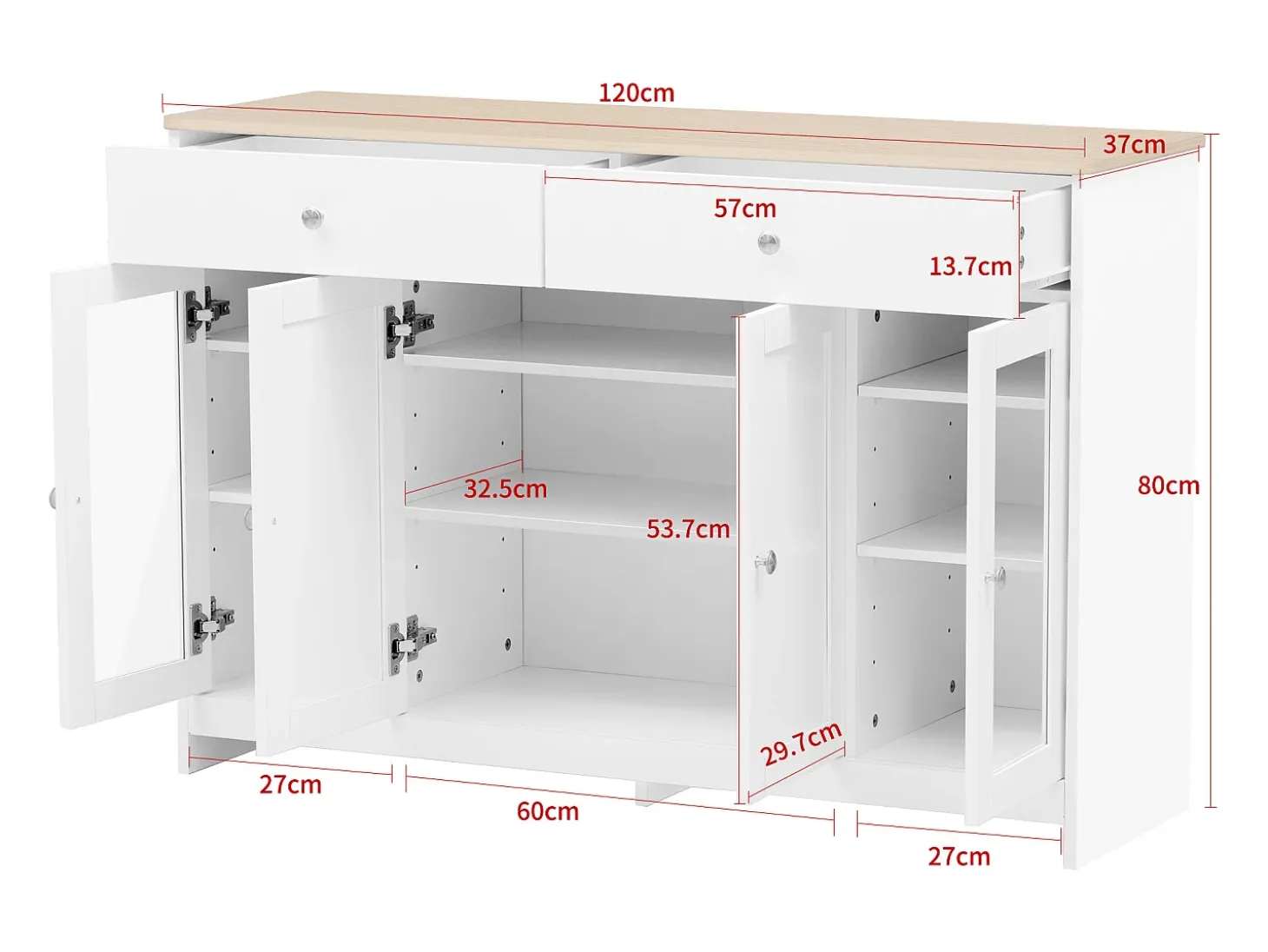 Aparador con 2 cajones y puertas de cristal - para salón y comedor - Blanco