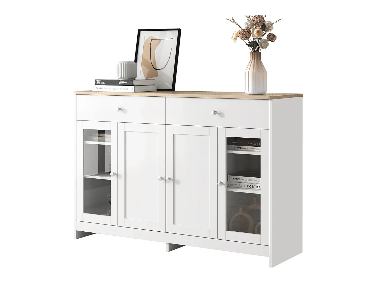Aparador con 2 cajones y puertas de cristal - para salón y comedor - Blanco