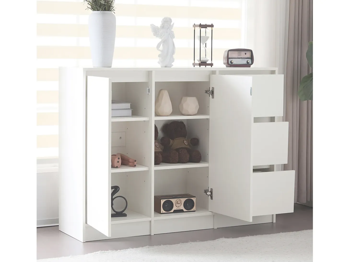 Aparador con 2 puertas, 3 cajones, mueble de almacenaje para comedor, salón, 120x90x35cm, color blanco
