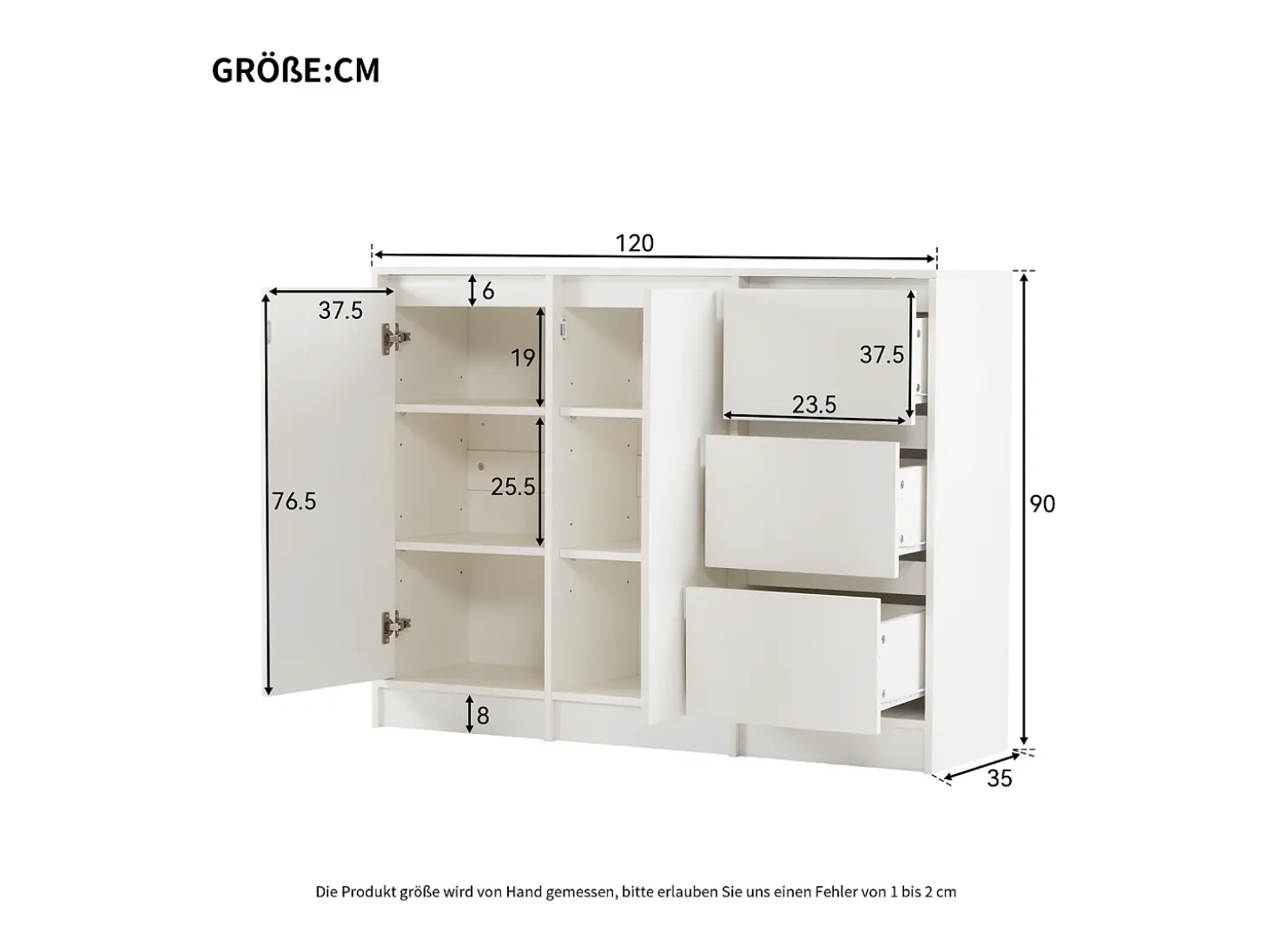 Aparador con 2 puertas, 3 cajones, mueble de almacenaje para comedor, salón, 120x90x35cm, color blanco