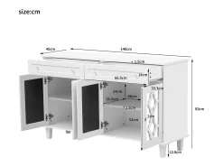 Aparador con 4 puertas con espejo, cajones y estantes regulables, MDF, blanco (140x40x83cm)