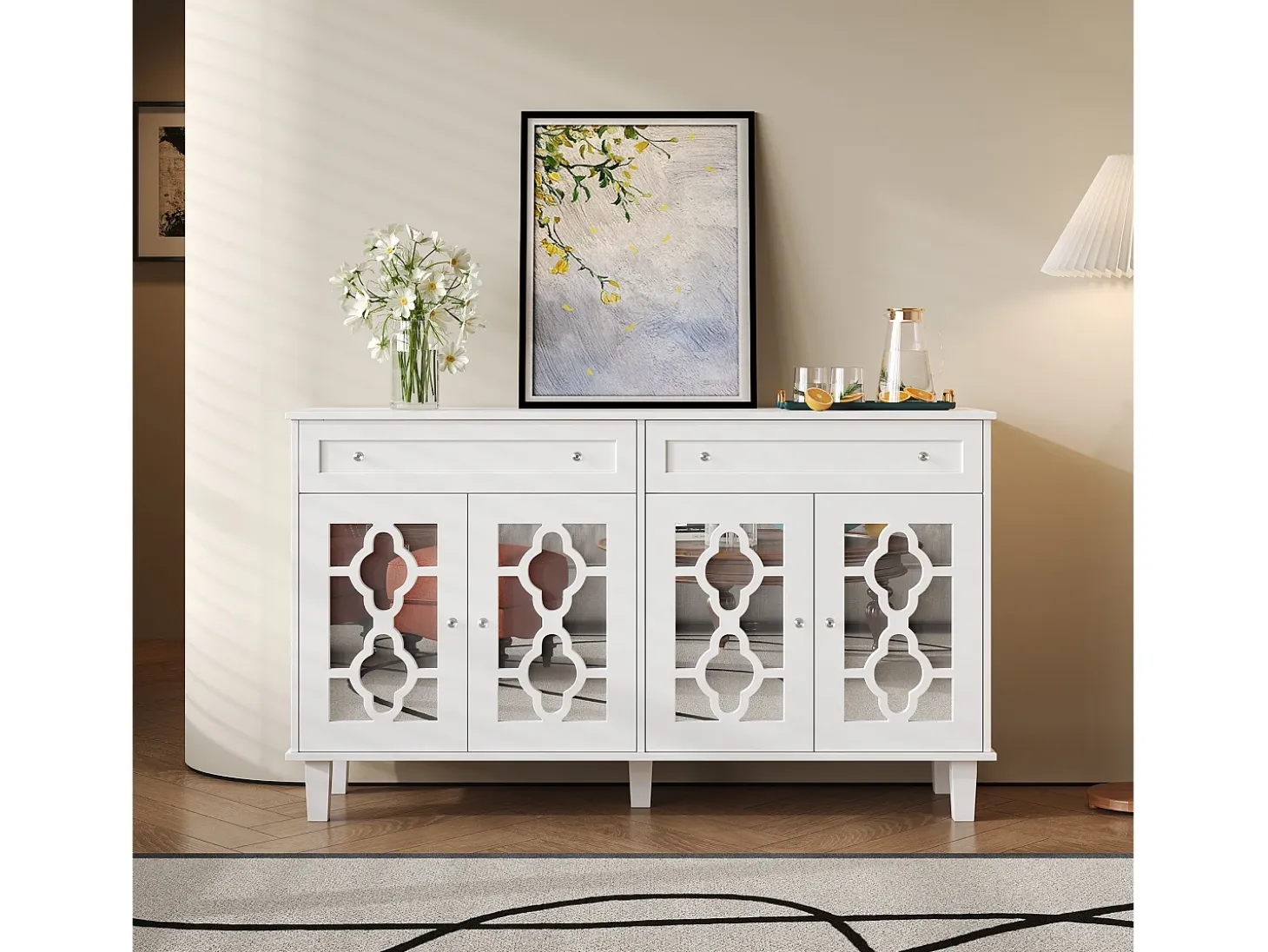 Aparador con 4 puertas con espejo, cajones y estantes regulables, MDF, blanco (140x40x83cm)