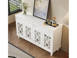 Aparador con 4 puertas con espejo, cajones y estantes regulables, MDF, blanco (140x40x83cm)