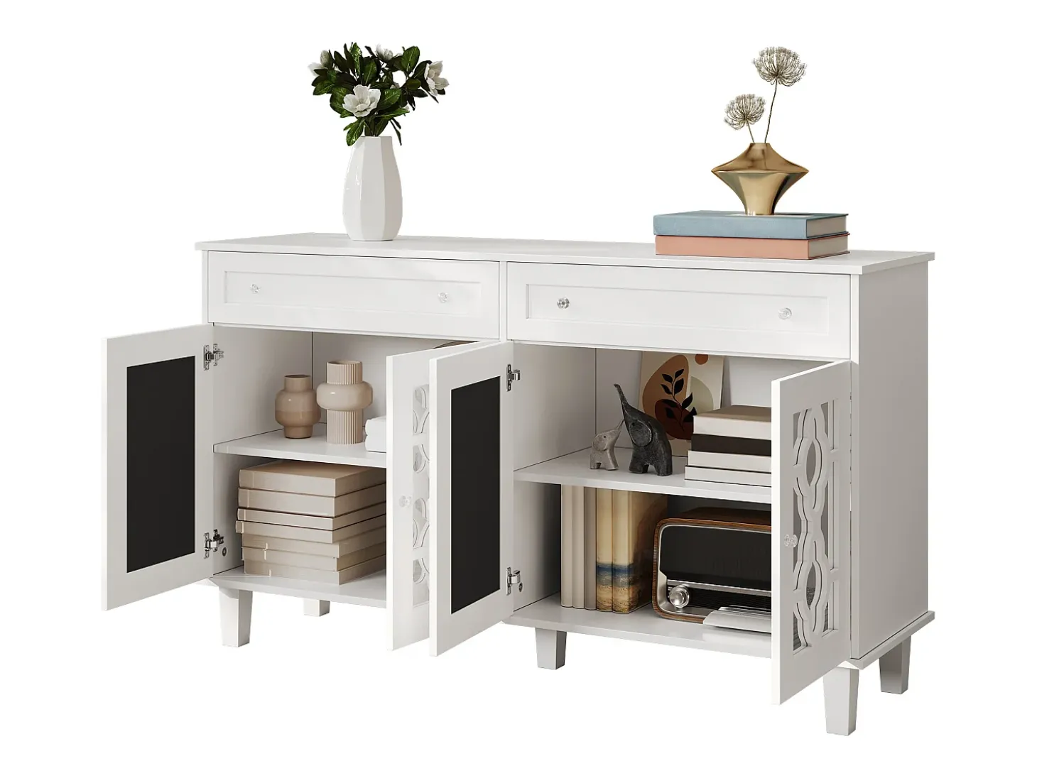 Aparador con 4 puertas con espejo, cajones y estantes regulables, MDF, blanco (140x40x83cm)