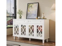 Aparador con 4 puertas con espejo, cajones y estantes regulables, MDF, blanco (140x40x83cm)