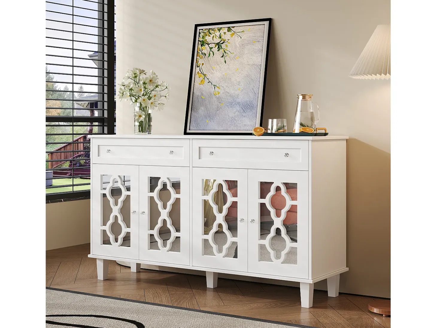 Aparador con 4 puertas con espejo, cajones y estantes regulables, MDF, blanco (140x40x83cm)