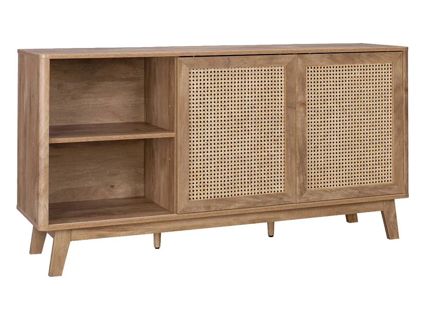 Aparador con 2 puertas correderas y estantes efecto madera y caña,