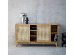 Aparador con 2 puertas correderas y estantes efecto madera y caña,