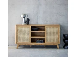Aparador con 2 puertas correderas y estantes efecto madera y caña,