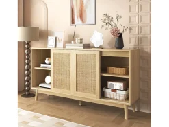 Aparador con 3 puertas correderas de ratán, 2 cajones, MDF, madera (155x38x80 cm)
