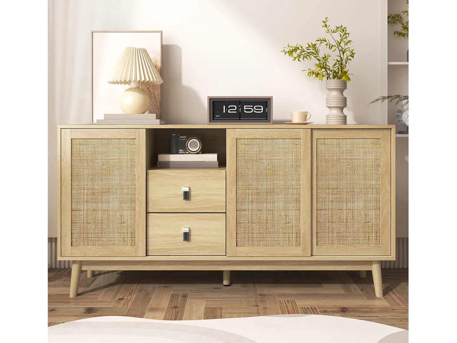 Aparador con 3 puertas correderas de ratán, 2 cajones, MDF, madera (155x38x80 cm)