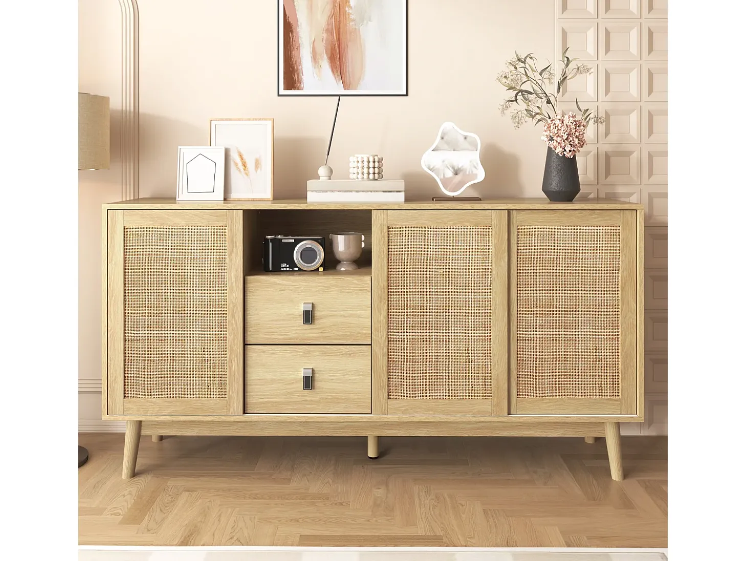 Aparador con 3 puertas correderas de ratán, 2 cajones, MDF, madera (155x38x80 cm)