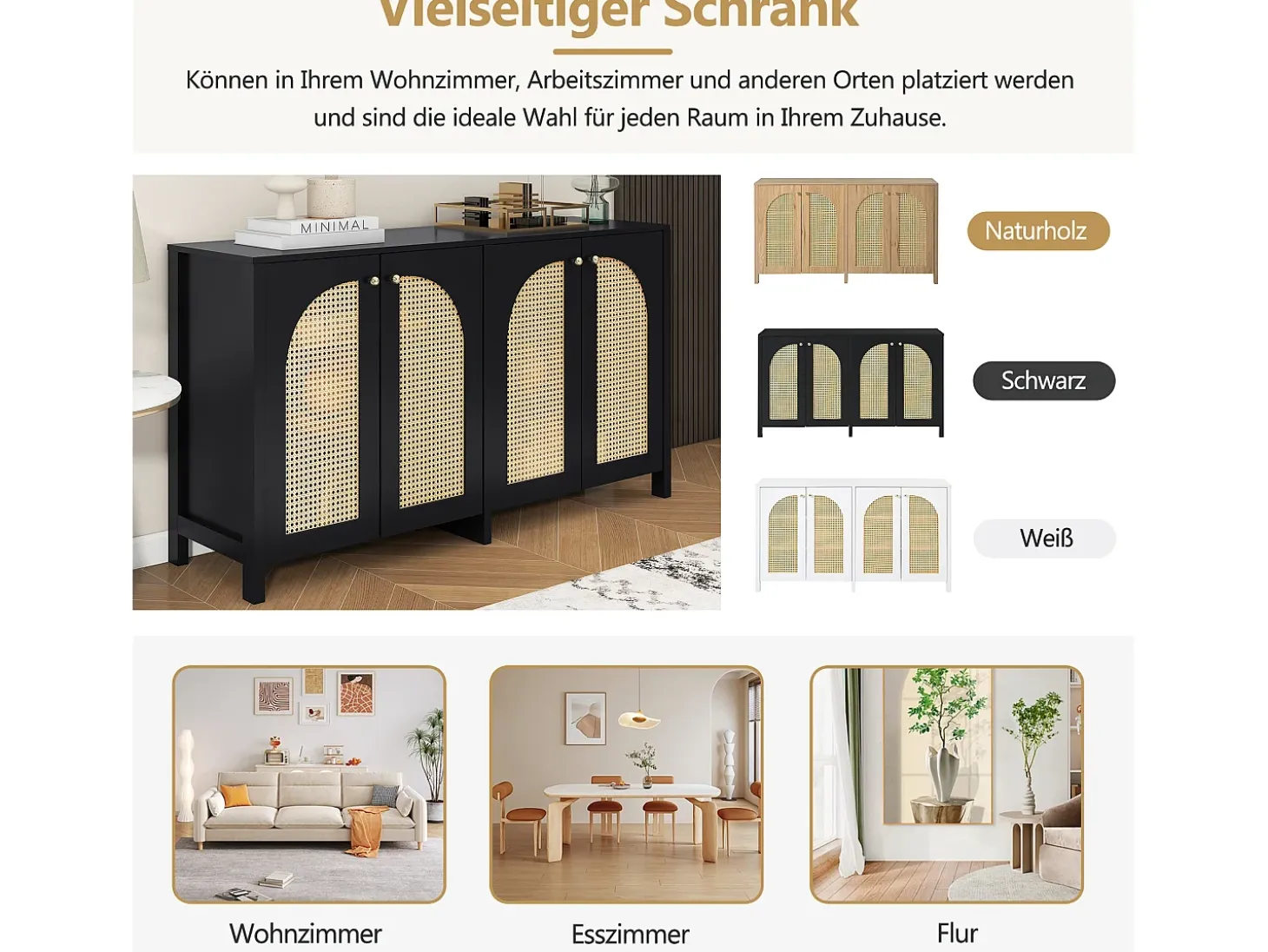 Aparador con 4 puertas de ratán - 145 x 40 x 80 cm - madera MDF y tableros de partículas - color negro + roble