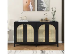 Aparador con 4 puertas de ratán - 145 x 40 x 80 cm - madera MDF y tableros de partículas - color negro + roble