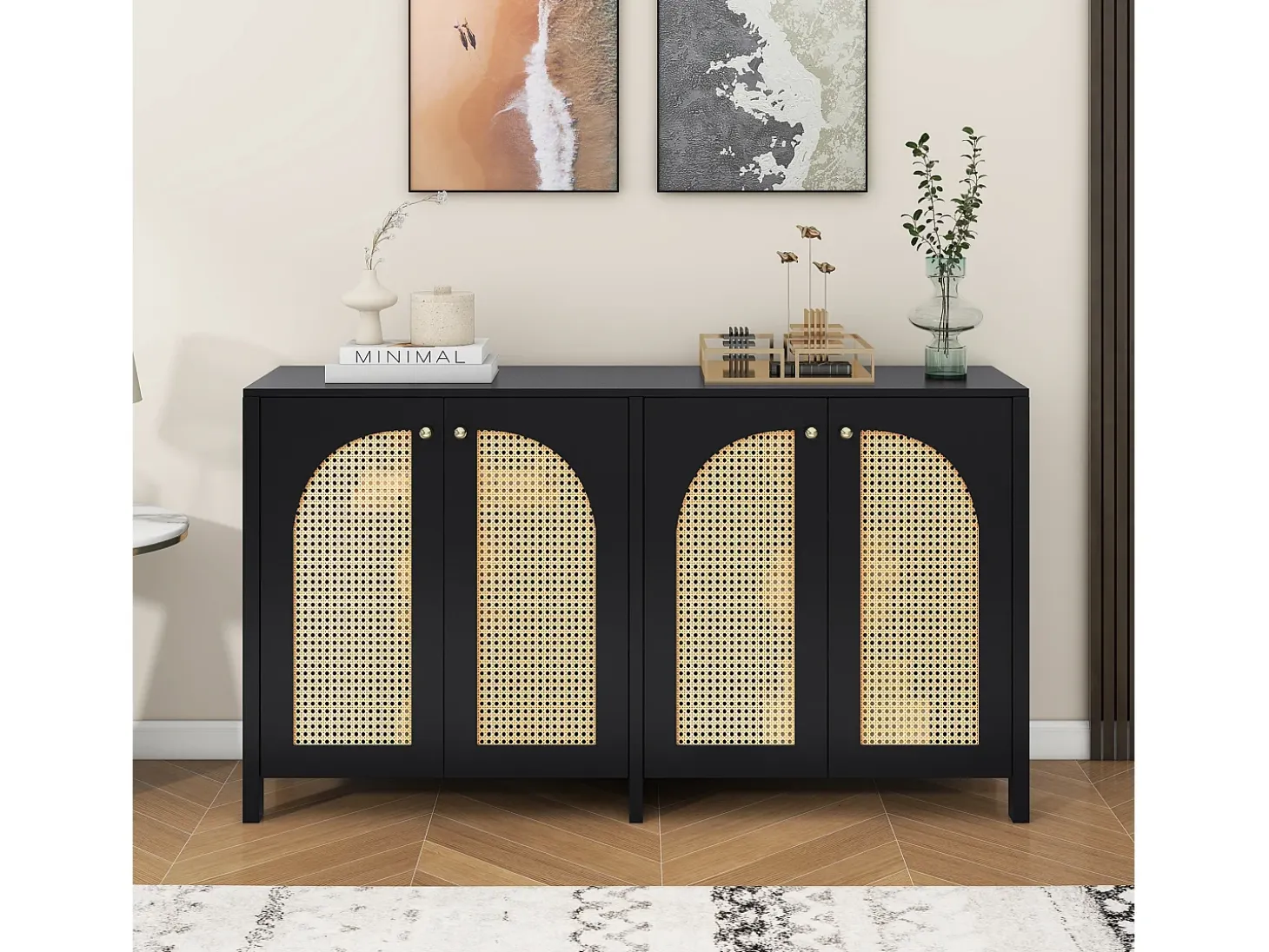 Aparador con 4 puertas de ratán - 145 x 40 x 80 cm - madera MDF y tableros de partículas - color negro + roble