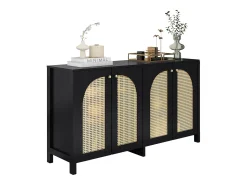Aparador con 4 puertas de ratán - 145 x 40 x 80 cm - madera MDF y tableros de partículas - color negro + roble