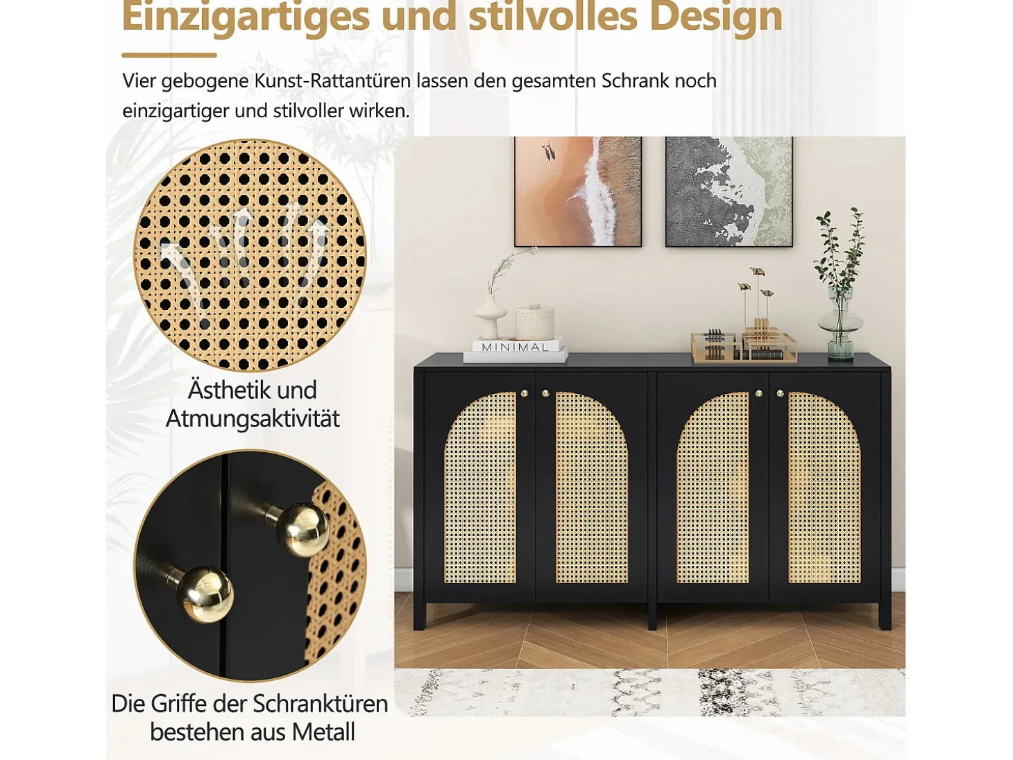 Aparador con 4 puertas de ratán - 145 x 40 x 80 cm - madera MDF y tableros de partículas - color negro + roble