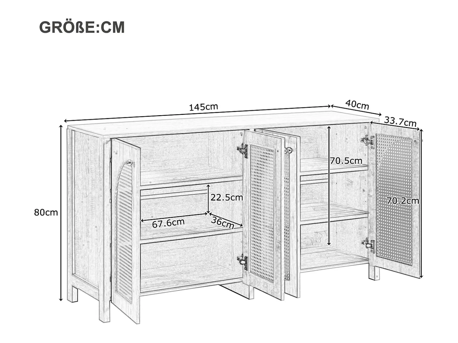 Aparador con 4 puertas de ratán - 145 x 40 x 80 cm - madera MDF y tableros de partículas - color negro + roble