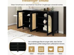 Aparador con 4 puertas de ratán - 145 x 40 x 80 cm - madera MDF y tableros de partículas - color negro + roble
