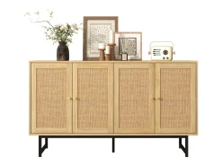 Aparador con 4 puertas de ratán - 140 x 39,5 x 80 cm - Tablero de partículas - Color madera
