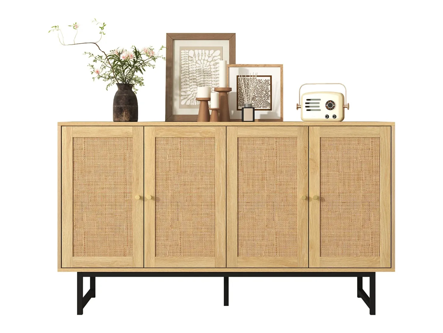 Aparador con 4 puertas de ratán - 140 x 39,5 x 80 cm - Tablero de partículas - Color madera