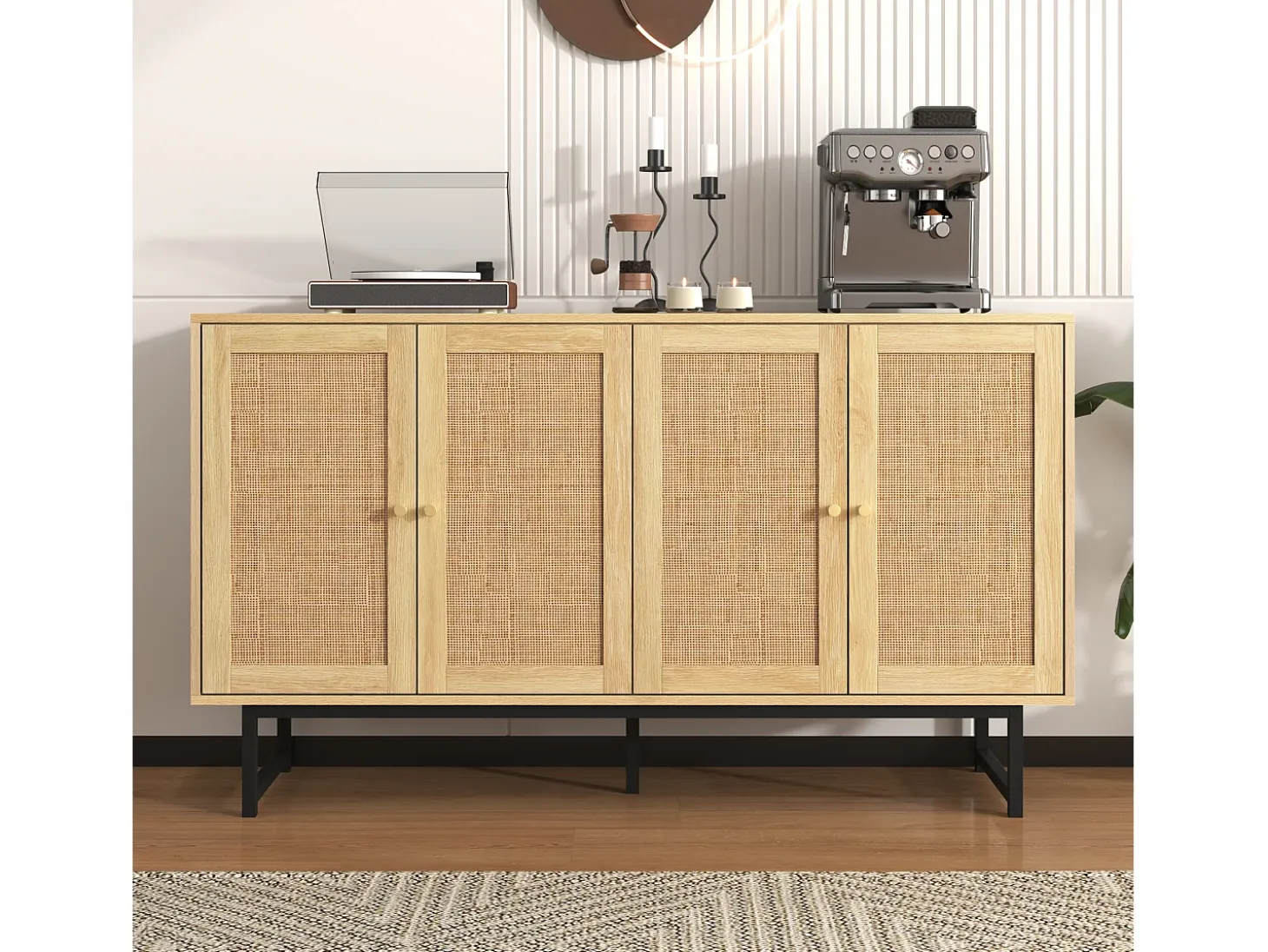 Aparador con 4 puertas de ratán - 140 x 39,5 x 80 cm - Tablero de partículas - Color madera