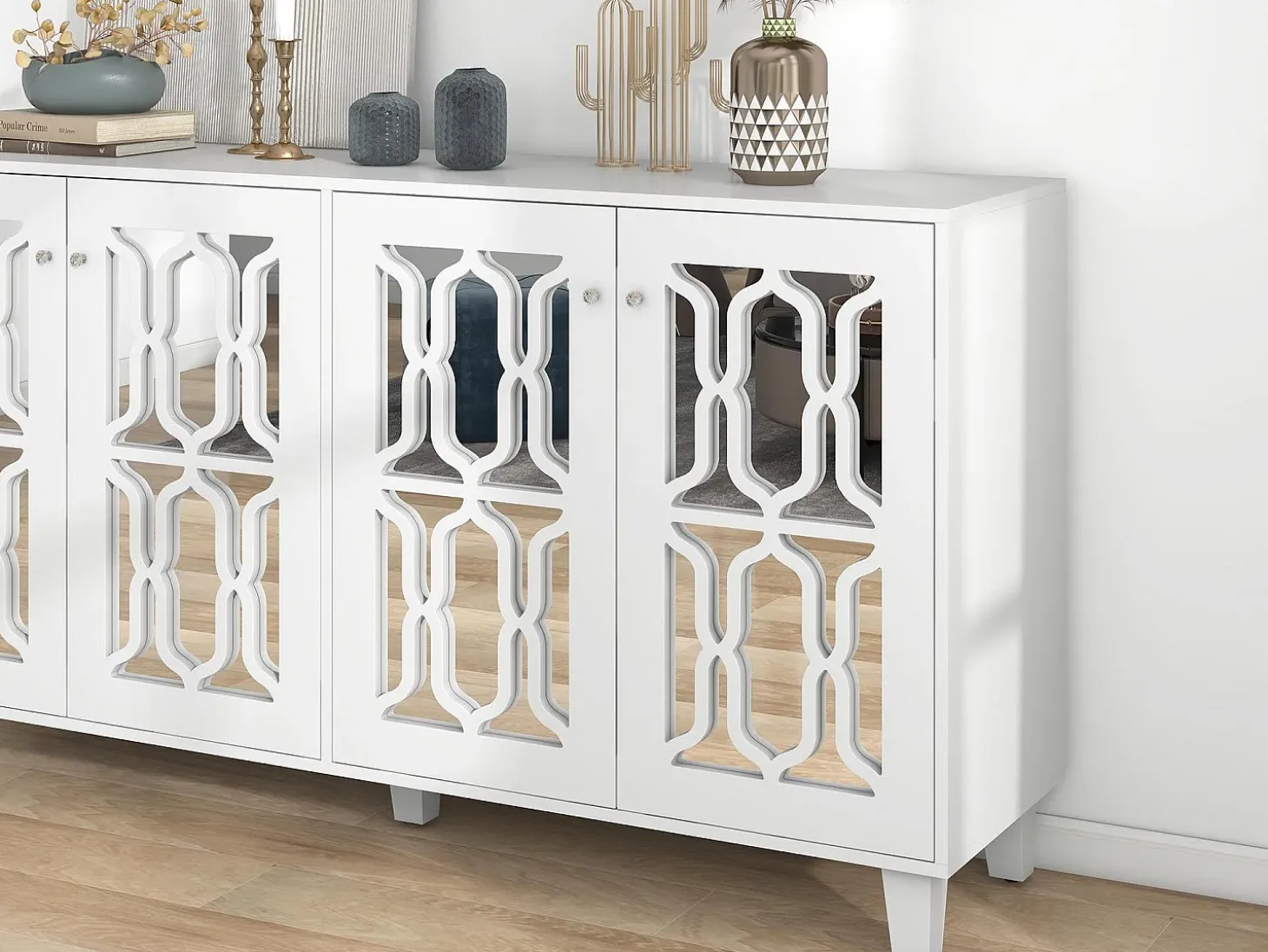 Aparador con 4 puertas de MDF espejadas - estante regulable - color blanco