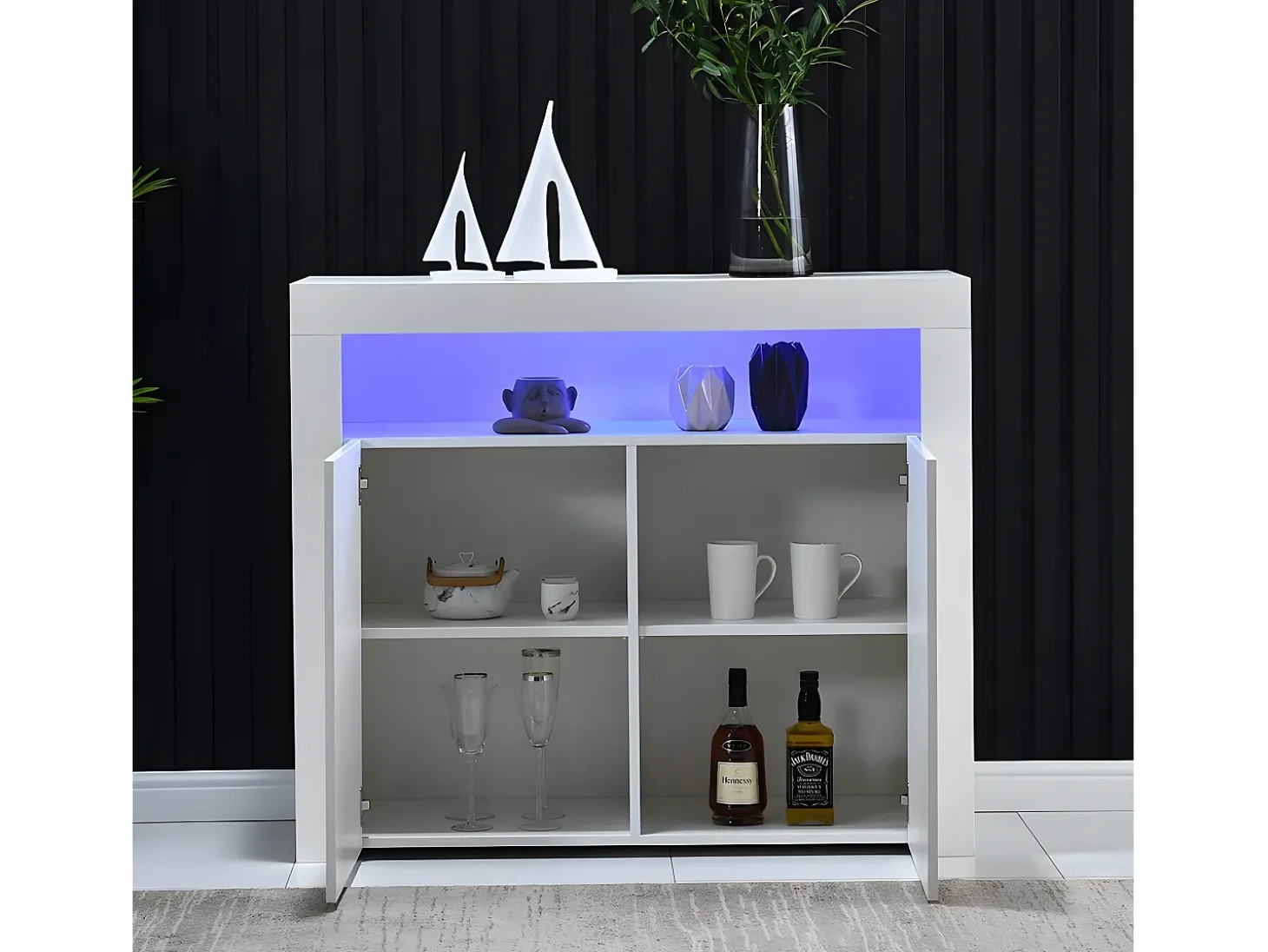 Aparador con 2 puertas y 2 estantes en MDF - con LEDs - lacado blanco
