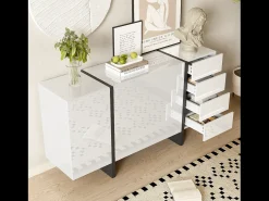 Aparador con 2 puertas y 3 cajones - 150 x 40 x 80,5 cm - MDF y tableros de partículas - Blanco brillo