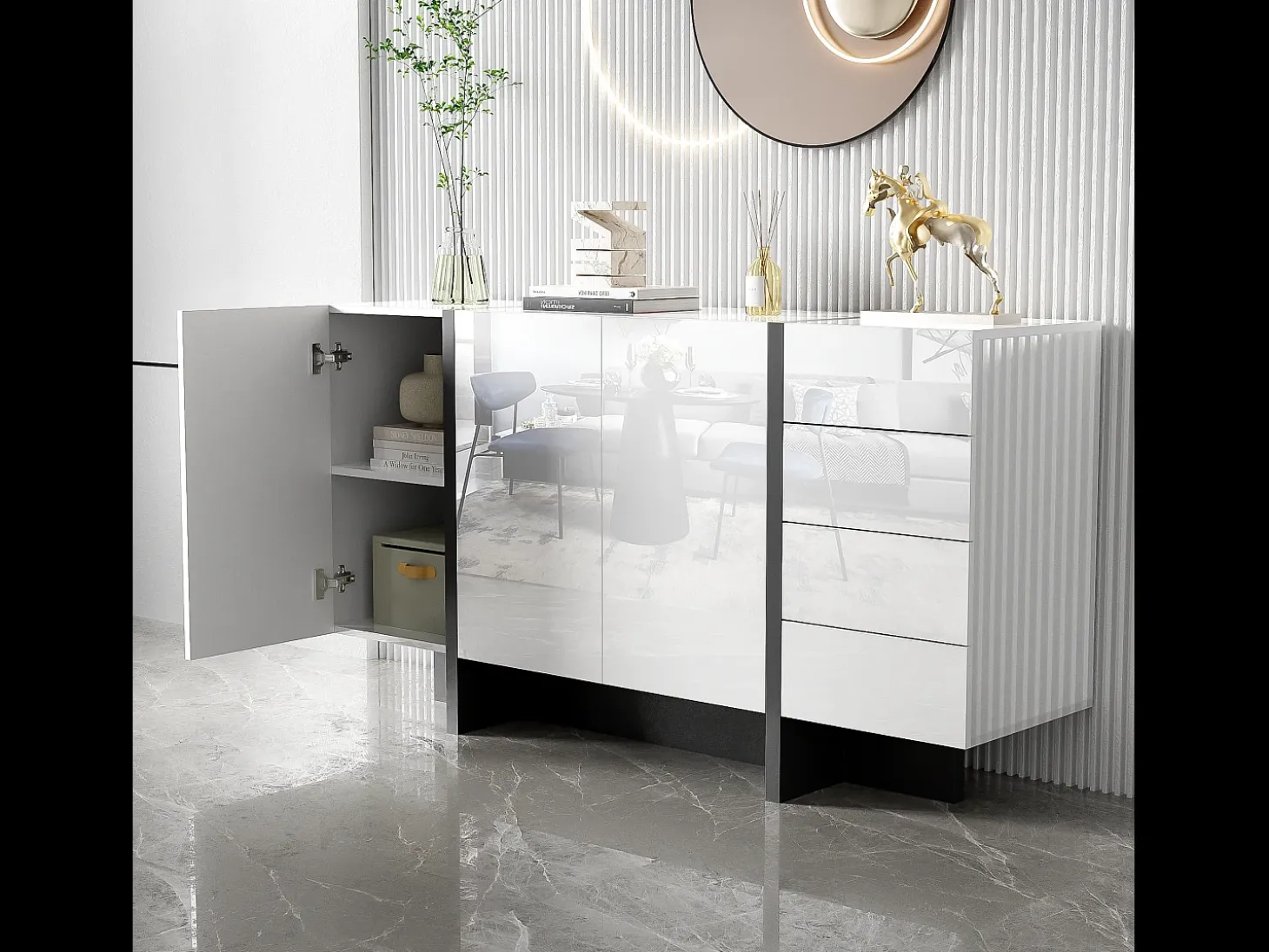Aparador con 2 puertas y 3 cajones - 150 x 40 x 80,5 cm - MDF y tableros de partículas - Blanco brillo