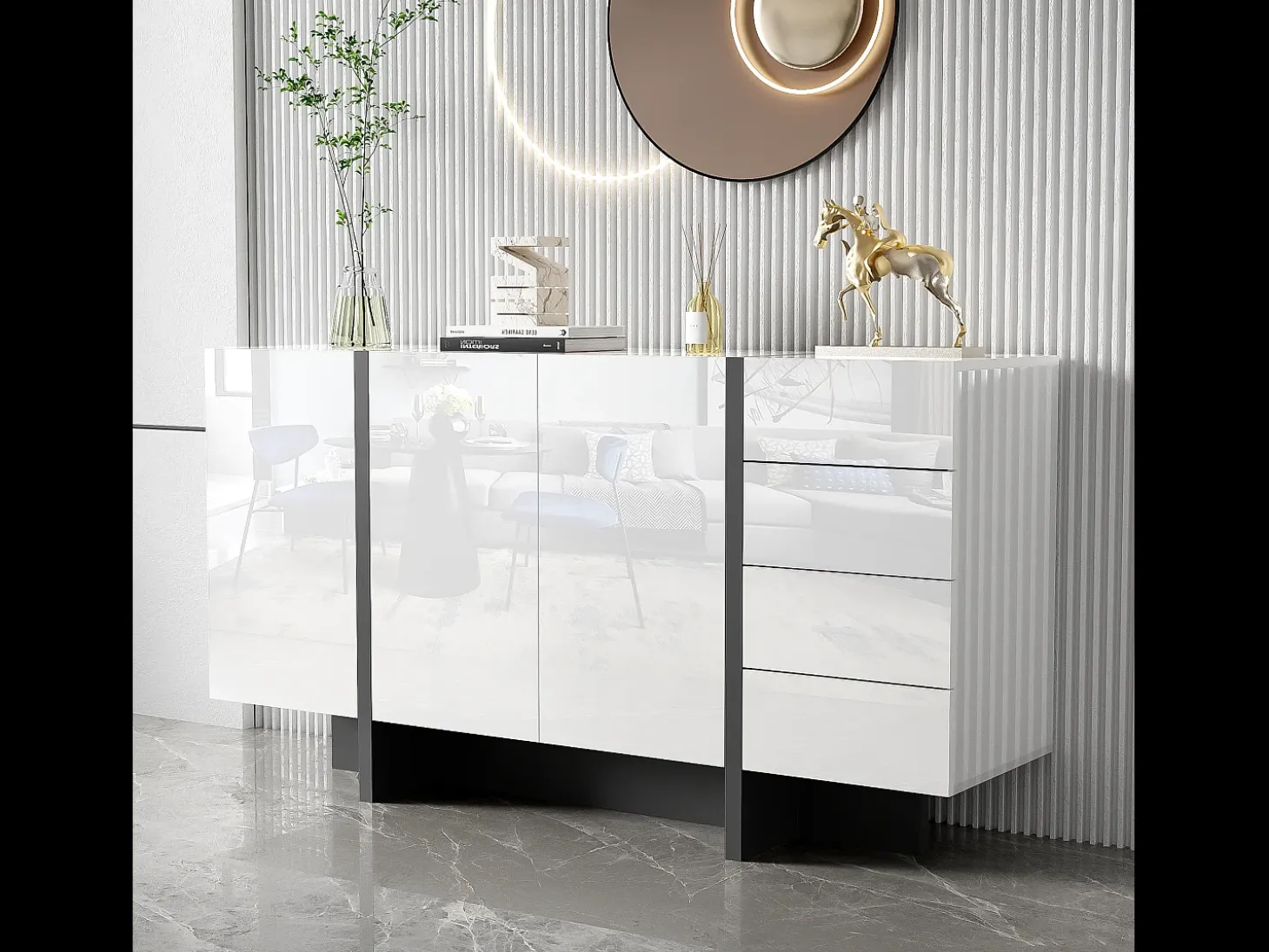 Aparador con 2 puertas y 3 cajones - 150 x 40 x 80,5 cm - MDF y tableros de partículas - Blanco brillo
