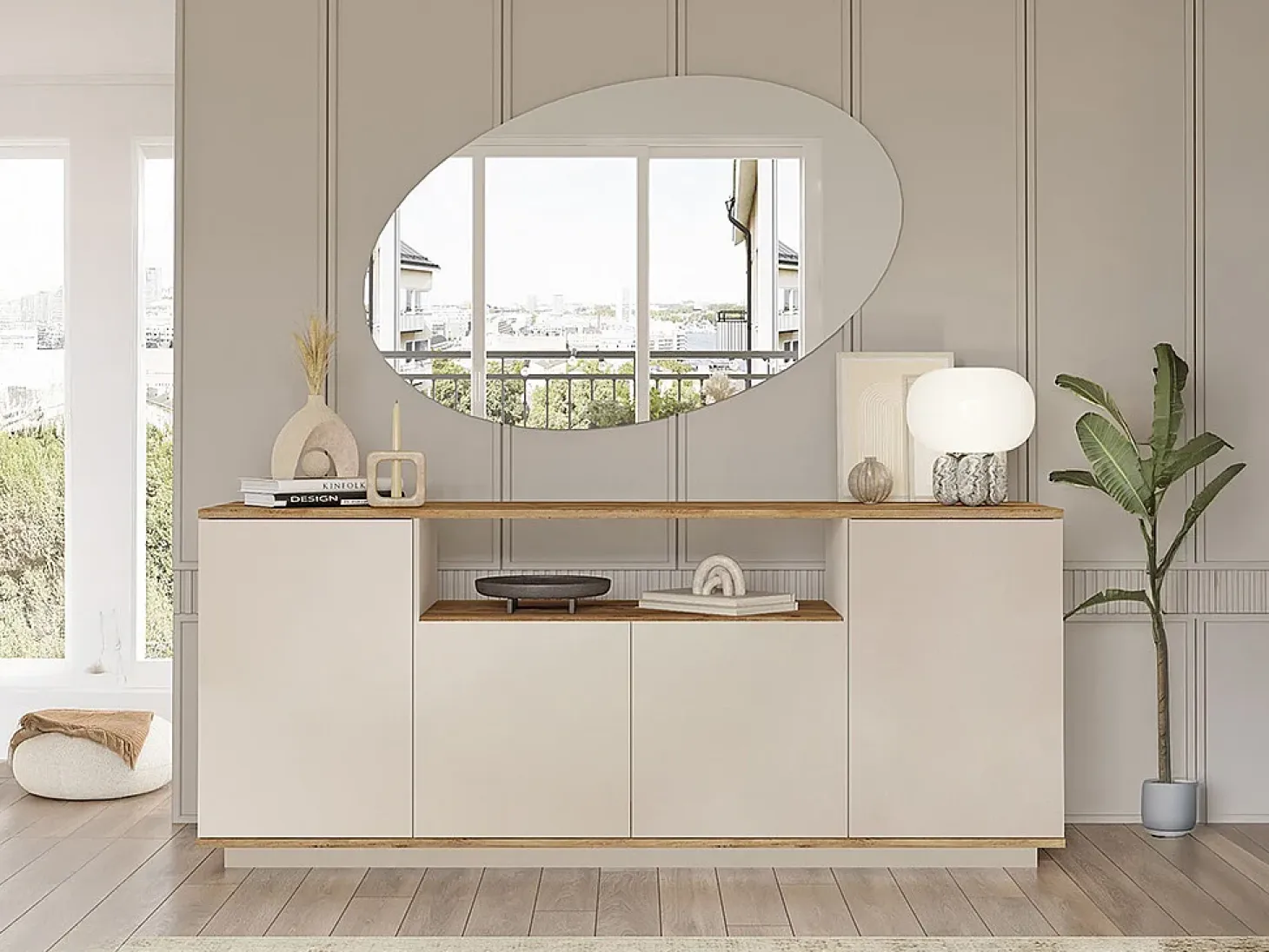 Aparador con 4 puertas y 1 estante - Beige y natural - LOTULA