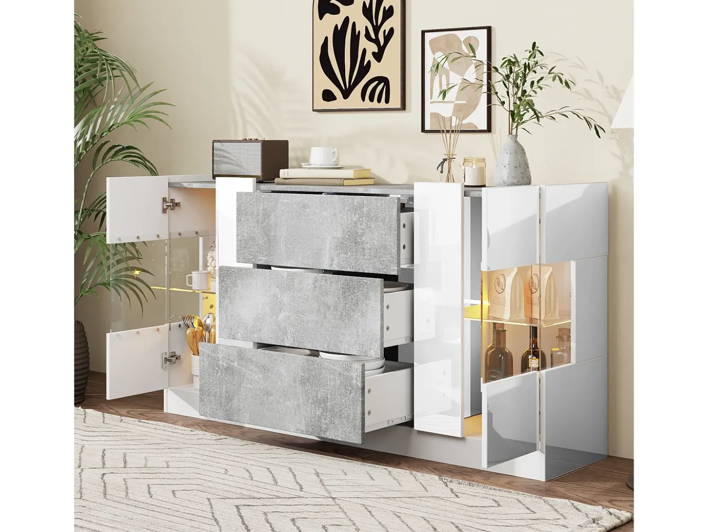 Aparador con 2 puertas y 3 cajones - 140 x 35 x 75 cm - MDF y cristal - Aspecto mármol blanco y gris brillo