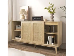 Aparador con 3 puertas y 2 cajones - puerta corredera de ratán - mueble de almacenaje de madera - color madera (155x38x80 cm)