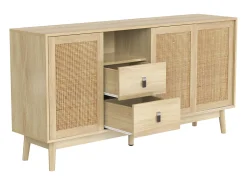 Aparador con 3 puertas y 2 cajones - puerta corredera de ratán - mueble de almacenaje de madera - color madera (155x38x80 cm)