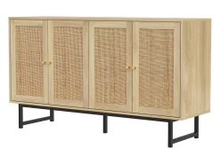 Aparador con 4 puertas y 18 compartimentos, con detalles en ratán, patas de metal negro, madera (140x39,5x80 cm)