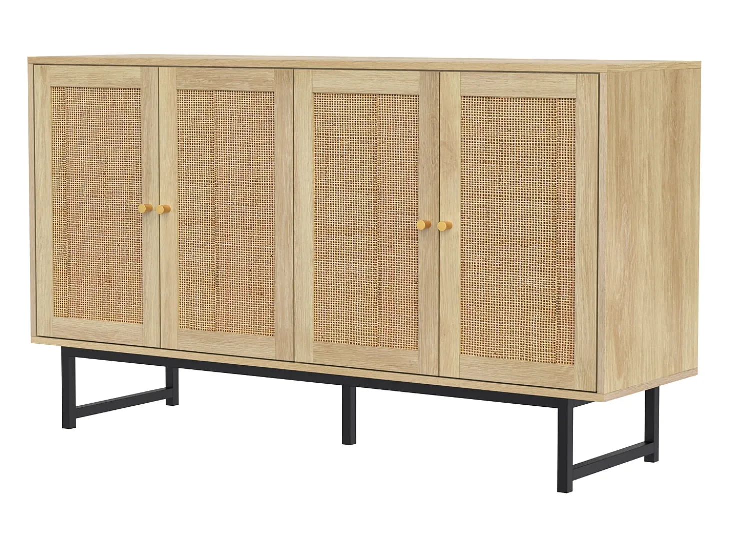 Aparador con 4 puertas y 18 compartimentos, con detalles en ratán, patas de metal negro, madera (140x39,5x80 cm)