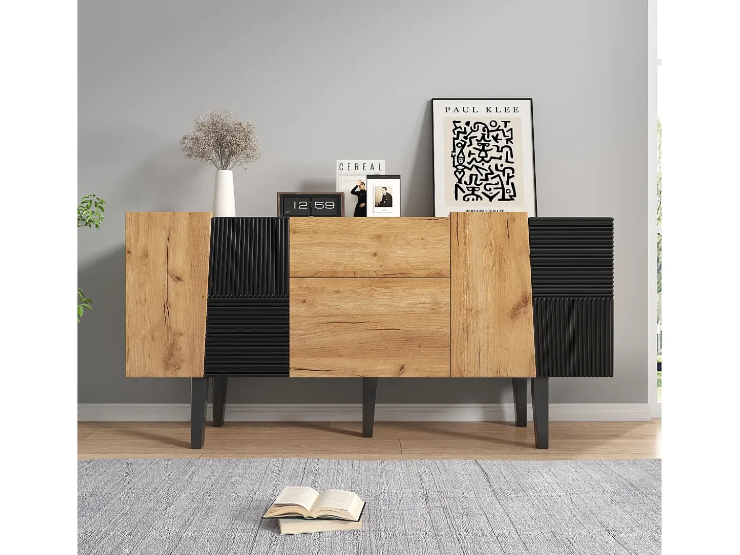 Aparador con 4 puertas y 2 cajones, mueble de TV - 140 x 40 x 70 cm - Tablero de partículas y patas de madera maciza - Roble