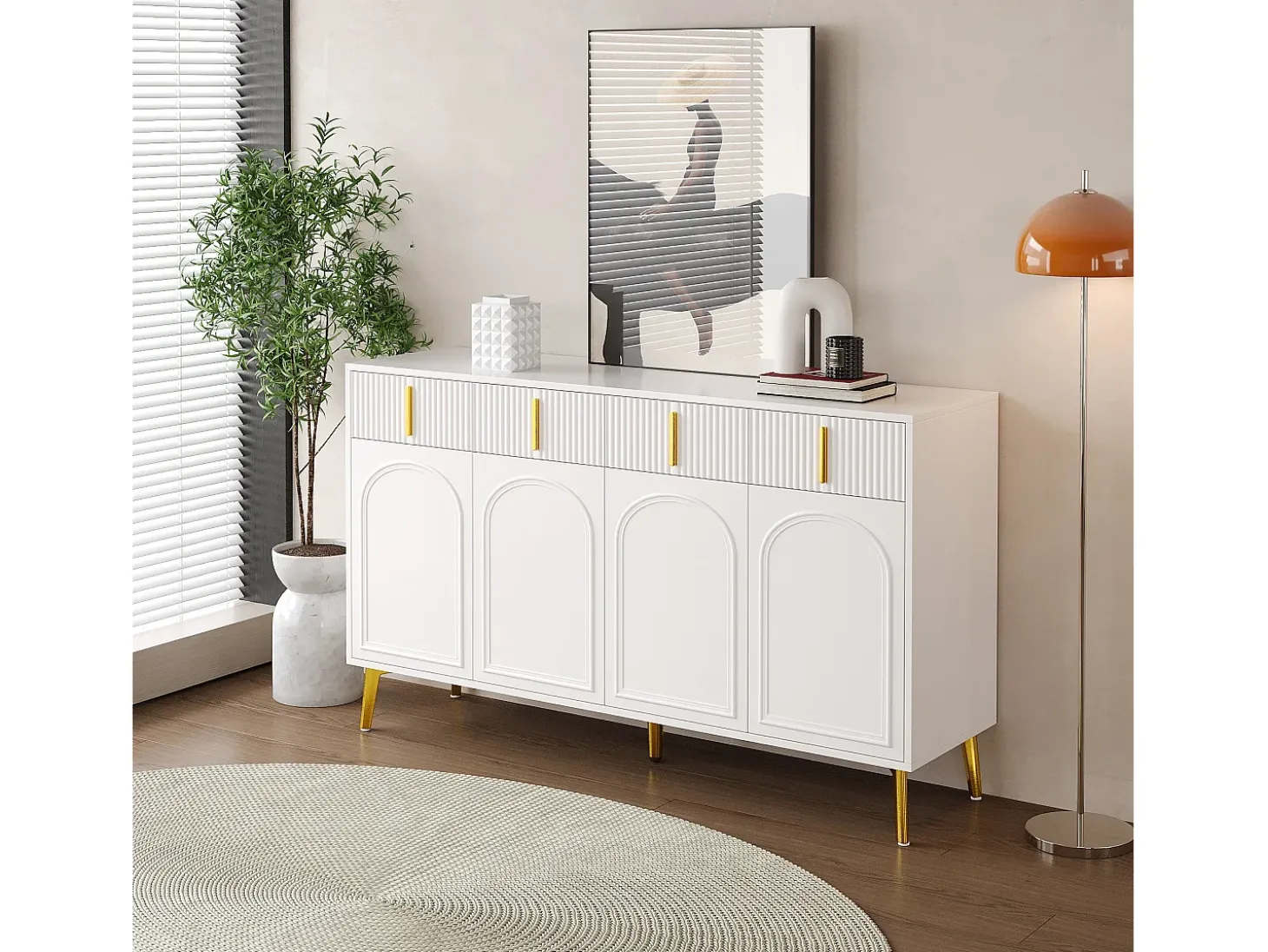 Aparador con 4 puertas y 4 cajones - 140 x 37,8 x 82 cm - Tiradores y pies de madera MDF y oro - Blanco