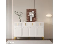 Aparador con 4 puertas y 4 cajones - 140 x 37,8 x 82 cm - Tiradores y pies de madera MDF y oro - Blanco