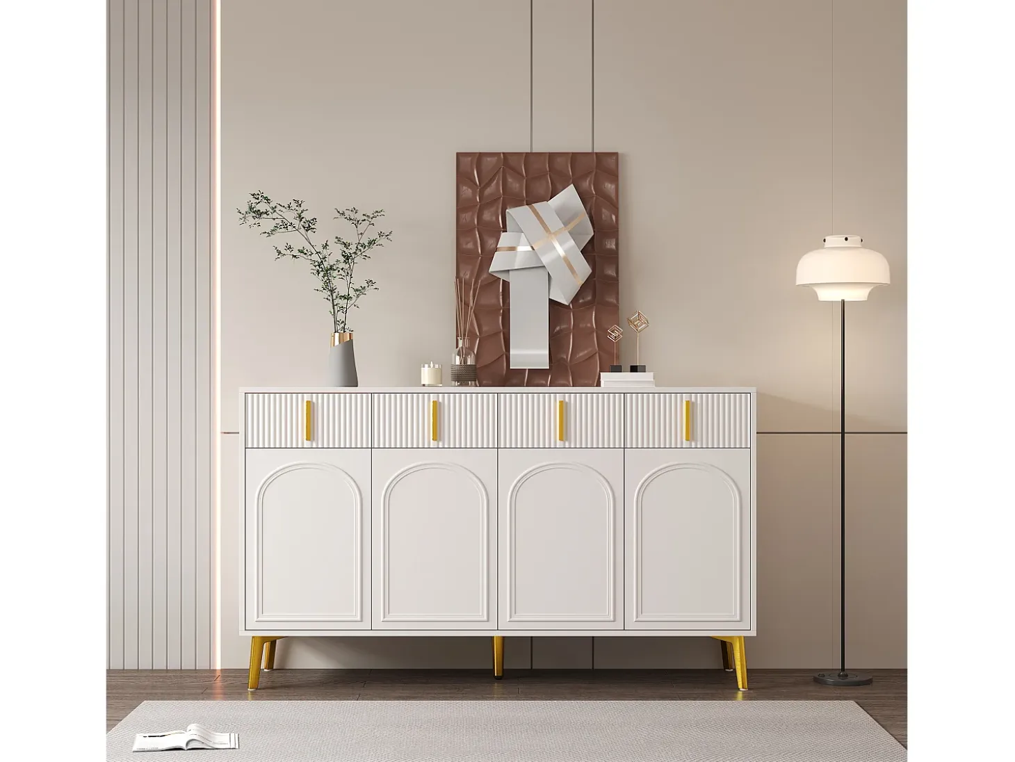 Aparador con 4 puertas y 4 cajones - 140 x 37,8 x 82 cm - Tiradores y pies de madera MDF y oro - Blanco