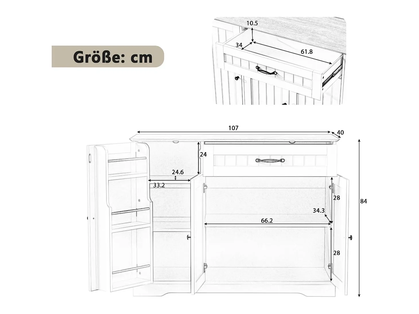Aparador con 3 puertas y 1 cajón - Madera MDF - Natural y blanco