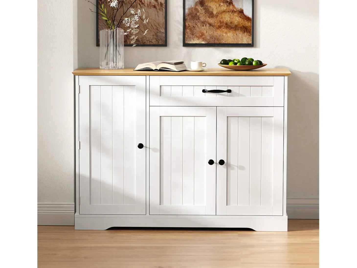 Aparador con 3 puertas y 1 cajón - Madera MDF - Natural y blanco